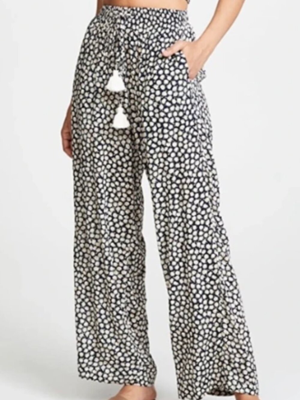 Faithfull the Brand Ditsy Floral Palazzo Pants Tassels Black Cream Flowy EUC M
